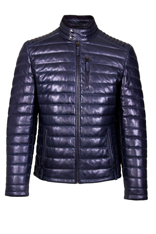 Men's  Navy Blue Leather Quilted Jacket