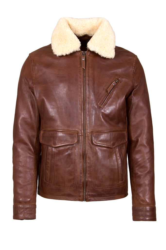 Classic Brown Leather Jacket with Shearling Collar