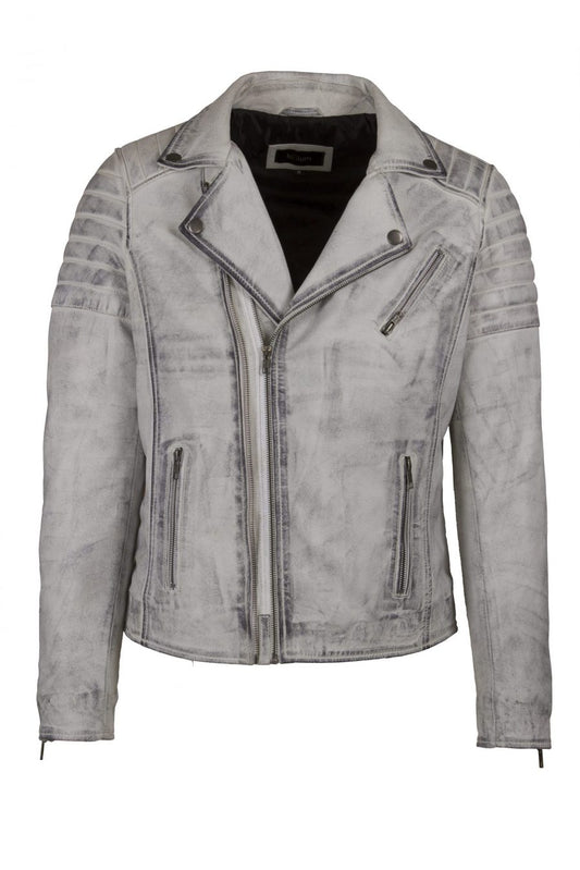 Distressed Gray Leather Biker Jacket