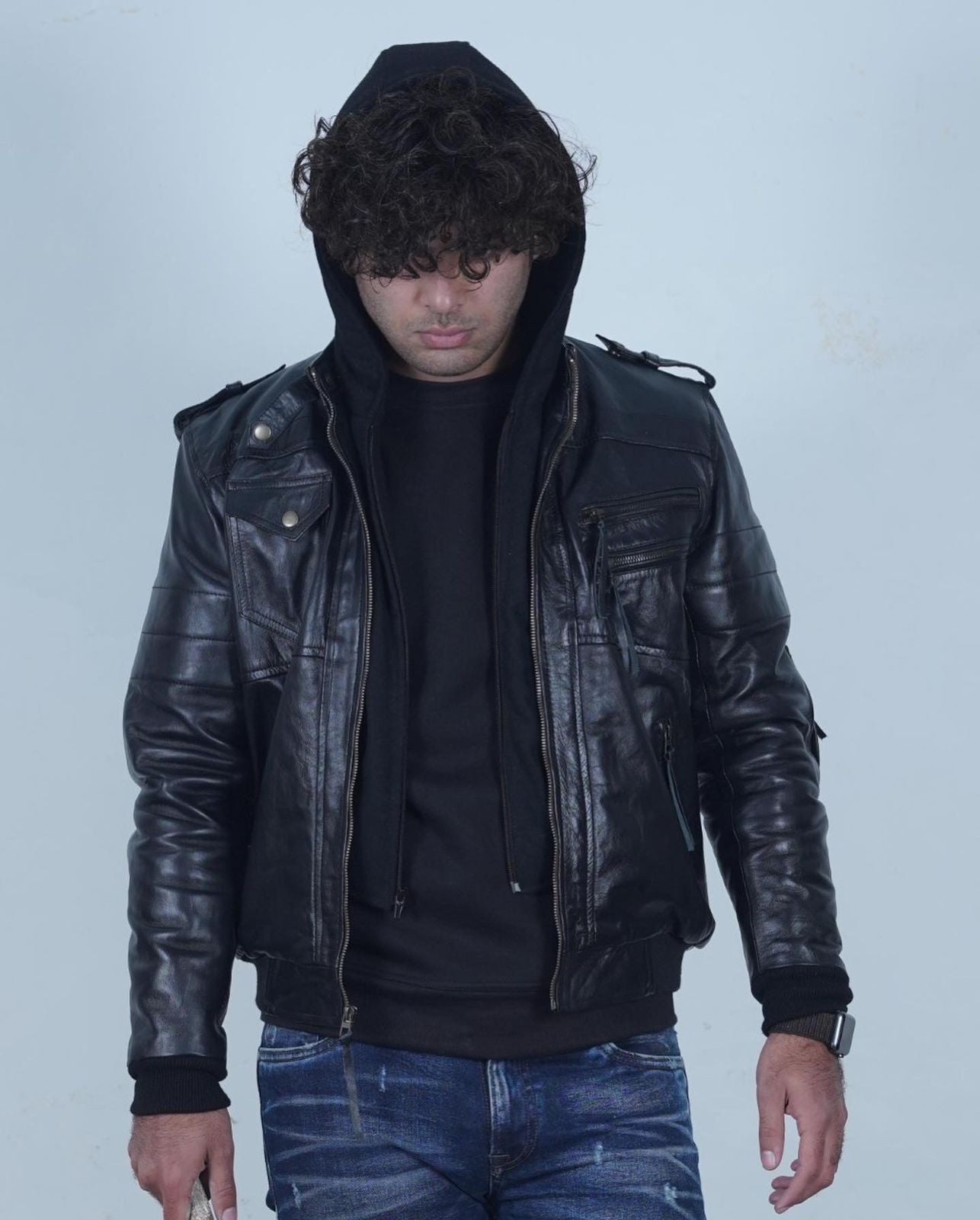 Men’s Casual Stand Collar Sheep Leather Zip-Up Motorcycle Bomber Jacket With a Removable Hood