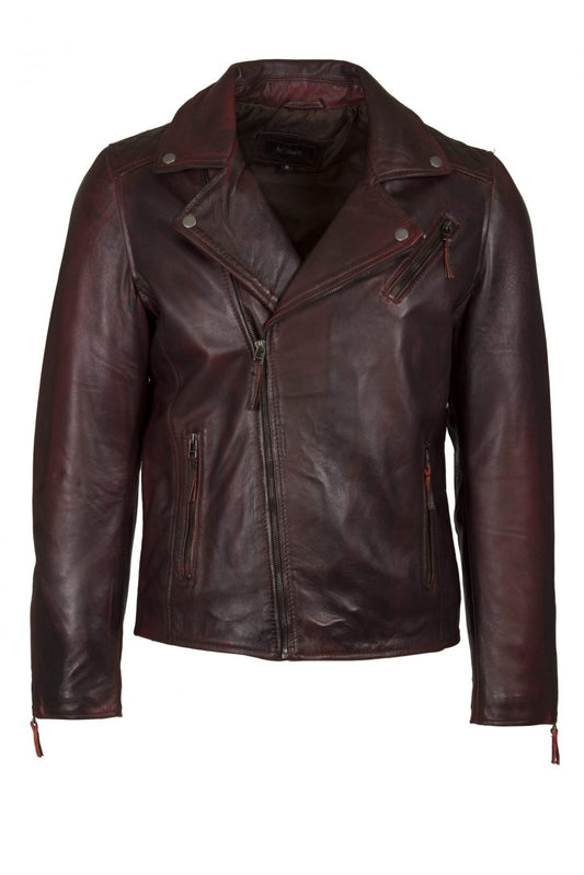 Distressed Burgundy Leather Biker Jacket