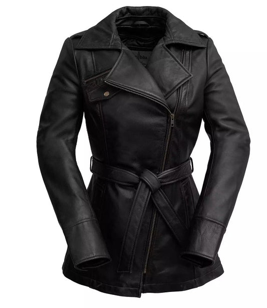 Black Leather Belted Motorcycle Jacket