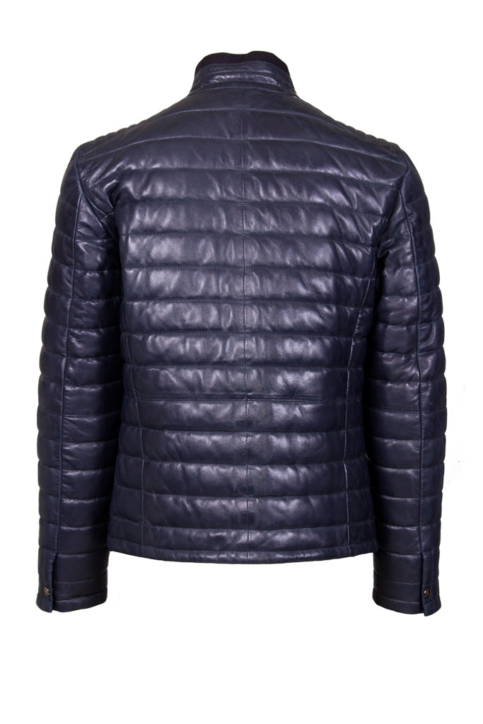 Men's  Navy Blue Leather Quilted Jacket