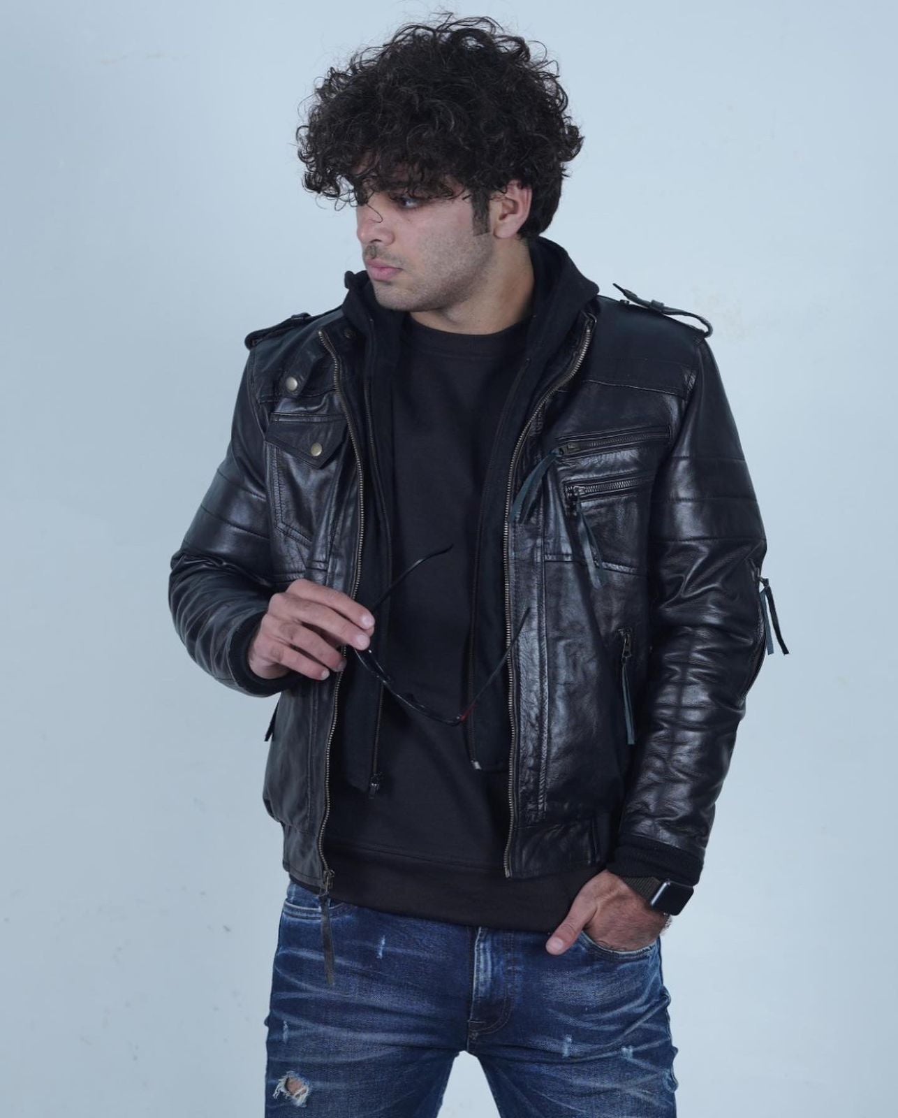 Men’s Casual Stand Collar Sheep Leather Zip-Up Motorcycle Bomber Jacket With a Removable Hood